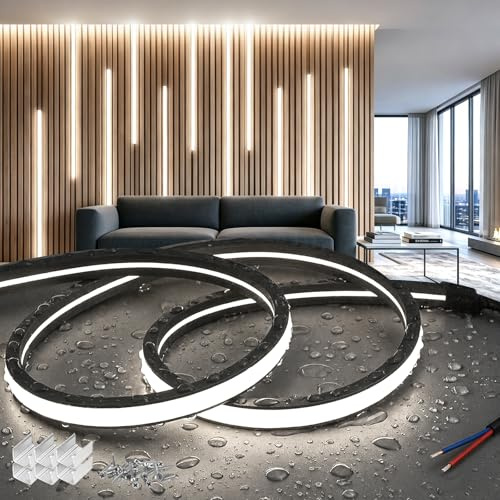 SUCIKORIO 2m Neon Ruban LED Panneau Tasseau Bois 220V Sans Fil Silicone Noir Néon Bandeau Led Exterieur Etanche Ignifuger IP65 Bande LEDs Flexible Blanc Froid 6000K Découpable Pour Cuisine, Chambre