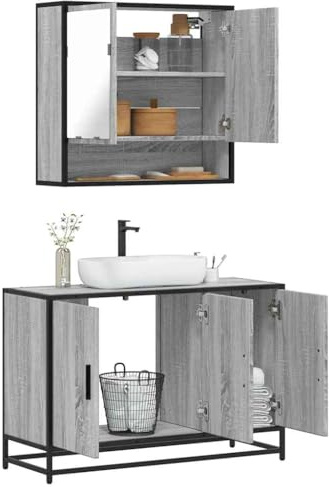 Keeushr Set di mobili da bagno Sonoma grigio in legno con mobiletto lavabo e armadietto a specchio per montaggio a parete, soluzione di archiviazione, aspetto industriale