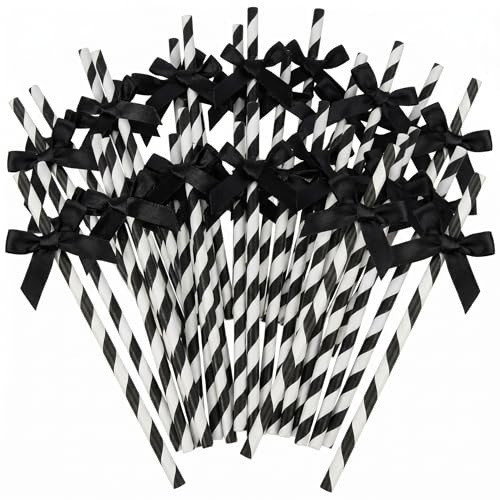 40Pcs Cocktail Straws, Black and White Bow Paper Straws, Set of Forty Drinking Straws for Parties and Events, Elegant Design for Cocktail and Beverage Presentation, Dimensions 20 by 0.6 cm