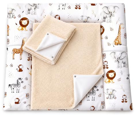 Wickelauflage mit 2 wasserfesten Frotteebezügen – 3-teiliges Set mit Druckknöpfen – Baby Wickelunterlage - Wickeltischauflage aus Baumwolle – 75x75 cm (Breite x Tiefe), ZOO