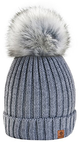4sold Rita Barnmössa för vintern, stil beanie, stickad mössa med pälstofs, toppluva, huvudbonad, skidåkning, snowboard, GRÅ, En Storlek