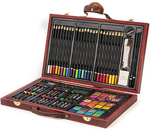 BAKAJI Valigetta in Legno Pittore Set 78 Pezzi Assortiti Colori Pastelli Acquerelli Pennelli e Accessori Disegno Set Artistico Professionale per Artisti Hobbisti e Principianti
