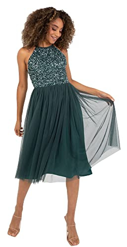 Maya Deluxe Damen Maya Deluxe Women's Midi Dress With Halter Neck Tulle for Evening Graduation Prom Wedding Bridesmaid Brautjungfernkleid, Emerald Green, 42 EU