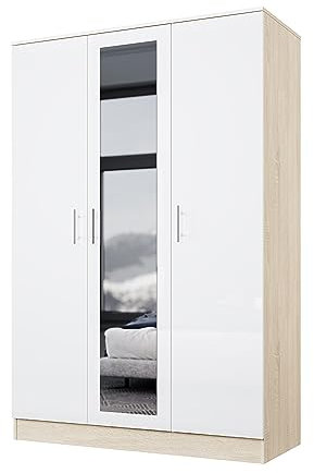 ELEGANT 3 Door Mirrored Wardrobes with Hanging Rail and Storage Shelves Modern Large Clothes Cabinet for Bedroom Furniture, High Gloss White/Oak