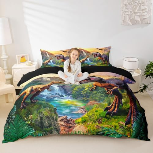 Erosebridal Kids Dinosaur Duvet Cover Full Bedding Sets for Boys Toddler Cartoon Jungle Dino Bed Comforter Cover,3D Ancient Animals Quilt Cover Dinosaur Room Decor for Boys,Zipper 2 Pillow Cases