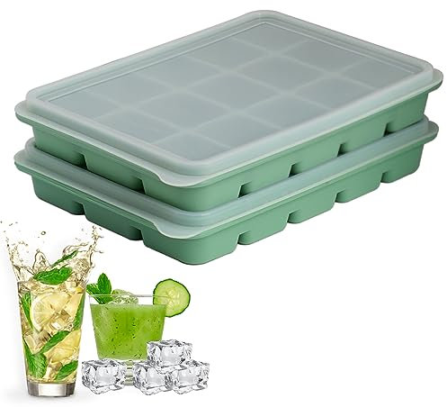 Eiswürfelform, Silikon Eiswürfelform mit Deckel, 2 Stück 30 Fach Silikon Eiswürfelschale, für Cocktails Whisky Wein Obst Fruchtpürees Eiscreme Eistee (Olive Green+Olive Green)