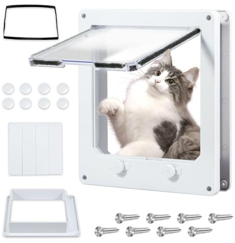 Upgraded Cat Door, Safety Pet Door with 4 Way Lock, Weatherproof Cat Flap Door for Interior Exterior Door, Window, Wall, Medium Cats, Kitties (22x19x7 cm)