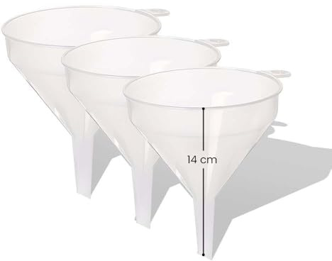 3Pcs Clear Plastic Funnel for Filling Bottles or Containers 14cm for Kitchen - Handle & Slimline Neck for Transfer powder Liquid and Oils ideal for Garage & Labs