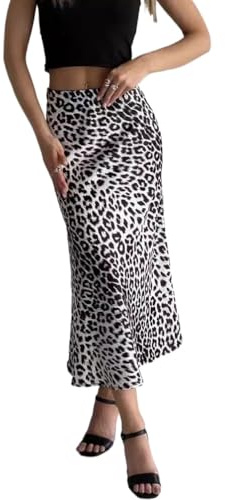 SUIUOI Jupe maxi avec motif léopard, jolie jupe léopard en satin pour femme, robe longue élégante, taille haute, jupe longue décontractée, Y2k, maxi jupe d'été, Motif léopard blanc, S