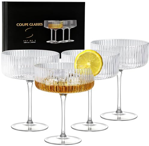 CL FUN Coupe Glasses Set of 4, 10 oz Ribbed Martini Glass, Hand Blown Drinking Glasses Set Pefect for Espresso Martini, Manhattan, Cocktail, Champagne