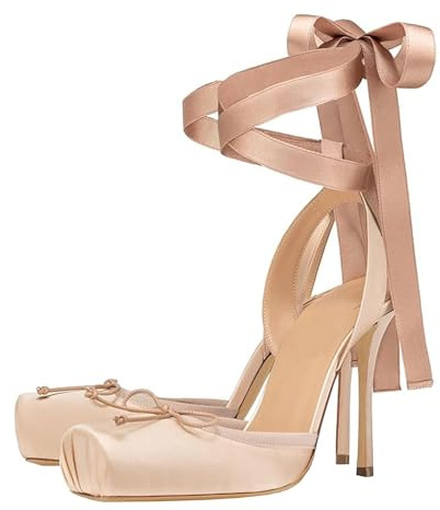 GBBRZKTB High Heels Damen Satin Ballerina Pumps Quadratischer Zehenpartie Schleife Slingback Riemchen Stiletto Sandalen Elegante Party Abendschuhe 9cm,Apricot-39