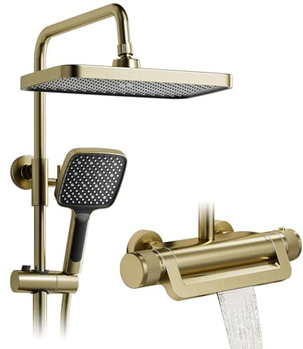 OihPaw Duschsystem, Gebürstetes-Gold-Duschsystem mit Thermostat | Duschsäulenset 3 in 1 mit 330 × 220-mm-Regendusche, 360° verstellbar, 3-Strahlarten-Handbrause, Duschkopf mit Anti-Kalk-Düsen