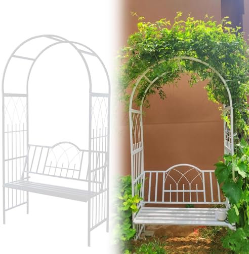 Générique 210cm Arceau à rosiers Métal avec Banc,Tuteur Colonne de Jardin Arche à rosiers avec siège,Arche de Jardin pour Plantes Grimpantes avec Banc,Tonnelle Jardin en métal Noir/Blanc(Blanc)