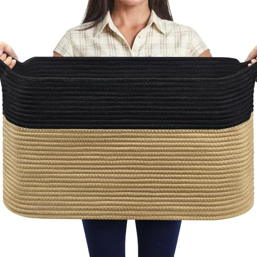 MOLMO Large Woven Storage Basket, 65L Laundry Hamper Black & Jute | Sturdy Cotton Rope Basket Holds Laundry, Toys, Blankets, Versatile for Any Room-Bedroom, Living Room, Kids' Room, Nursery