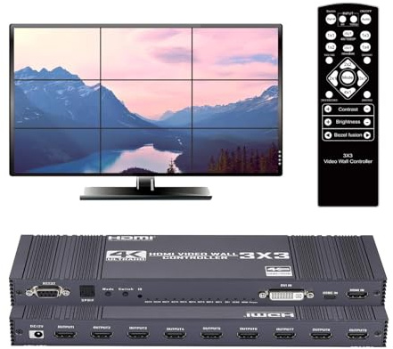 GKRONG Contrôleur mural vidéo 3 x 3, processeur mural TV, processeur d'épissage multi-écran HDMI 4K à 30 Hz avec entrée HDMI+DVI+USB C, prend en charge 13 modes d'affichage 3 x 2, 2 x 3, 2 x 2, 4 x 2