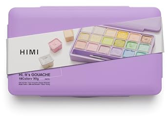 HIMI Jelly Cup Gouache Set 18 Paint Colours, 3 Brushes, Paint Pallete, Purple Case, Add Water to Reactivate, Smooth, Rich Colours, Gift, Artist Art Supplies, Large Scale Art Work to Fine Details