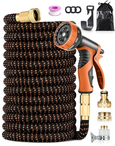 150FT/45M Expandable Garden Hose, Flexible Water Hose with 3/4 & 1/2 Fittings, 10-Pattern Spray Nozzle, 3750D Durable Outer Layer, Leakproof, Kink-Free Magic Hose, for Washing, Orange&Black