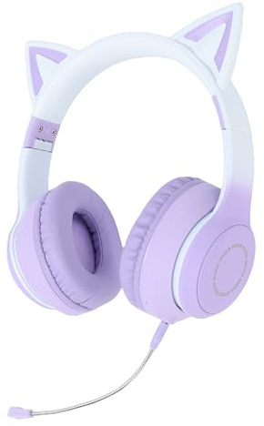 Goshyda Cat Ear Bluetooth Headphones with LED Lights, Wireless & Wired Gaming Headset with Microphone, Foldable Over Ear Headphones for Teens Girls Adults (Purple)