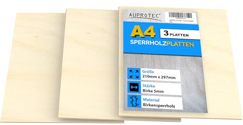 AUPROTEC 3x A4 Sperrholz-Platten Birke 5mm Multiplexplatten (210 mm x 297 mm) Bastel- und Laubsäge-Holzplatten Birke Massiv Multiplex Holz Industriequalität