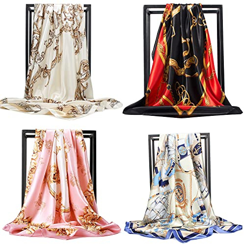 NUWEERIR 4pc Mixed Womens Large Square Scarf Set Silk Feeling Satin Hair Wrapping 35x35 inches (Set 10)