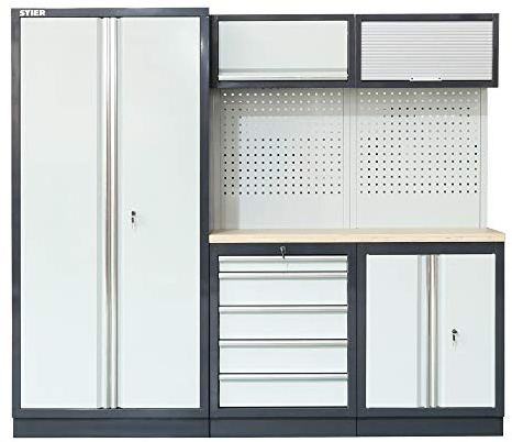 STIER Werkstatteinrichtung Basic, 3-teilig, modular, mit Lochwand und Multiplex-Arbeitsplatte, BxTxH 2275x460x2000mm