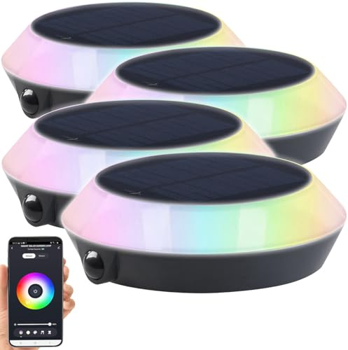 Lunartec LED Solarleuchten Garten: 4er-Set Solar-Outdoor-Leuchte, RGB-CCT-LEDs, PIR, Bluetooth, App, 90lm (Solarleuchten Garten bunt, Solar Leuchtn Fernbedienung, Boden)