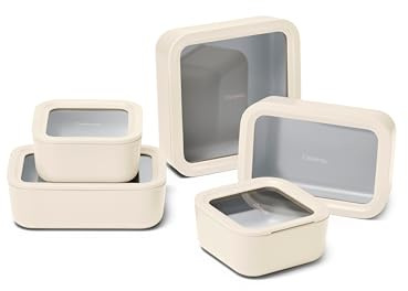 Caraway Glass Food Storage Set, 14 Pieces - Ceramic Coated Food Containers - Easy to Store, Non Toxic Lunch Box Containers with Glass Lids - Includes Storage Organizer & Dot & Dash Inserts - Cream