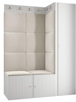Mirjan24 Garderoben-Set Kirtan Slim IX, Kleiderschrank, Schuhschrank mit 6 Fächer + Kleiderhakenbrett, Gepolstertes Paneel/Wandpaneel, 4 Doppelhaken, Flurgarderobe Wandgarderobe (Weiß, Manila 02)