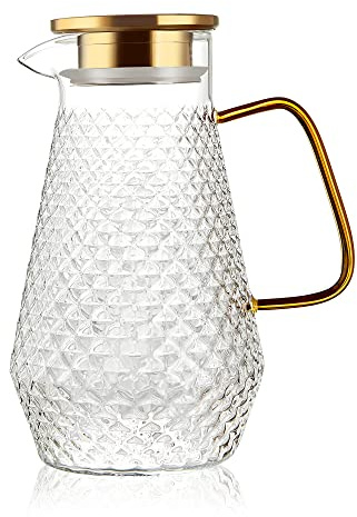 OTARTU Glass Pitcher,50oz/1.5 Liter Water Pitcher with S.S. Lid, Beverage Serveware, Iced Tea Jug,Water Carafe with Handle,Heat Resistant. Refrigerator Usable.