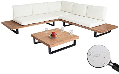 Mendler Garten-Garnitur HWC-H54 Akazie Alu - Hellbraun, Polster cremeweiß | Garnitur, Sitzgruppe, Lounge-Set, Spun, Poly, Holz, FSC®