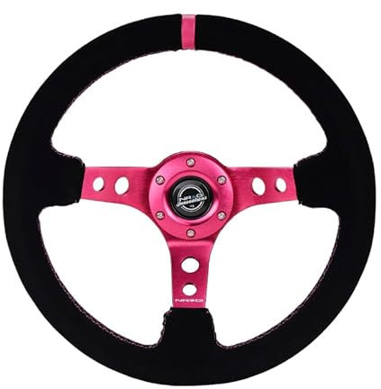 NRG Innovations NRG-RST-006S-FHA verstärktes Lenkrad, 350 mm, Sportlenkrad (7,6 cm tief), schwarzes Wildleder, Fuchsia-Mittelmarkierung mit Fuchsia-Nähten, Fuchsia-Mittelspeiche