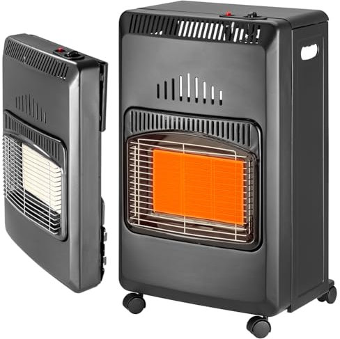 BAKAJI Stufa a Gas Pieghevole per Bombola GPL di 15 kg con 3 Elementi Riscaldanti e 3 Potenze Selezionabili, Accensione Piezoelettrica, Struttura in Metallo Nera, 4 Ruote Sistema Antiribaltamento