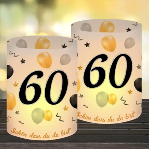 12 Windlicht Tischdeko 60 Geburtstag, Deko 60 Geburtstag Frau Mann, Happy Birthday Tischdeko 60. Geburtstags Frauen, Geeignet für Teelichter oder Kerzen mit Schön DASS Du Da Bist und Eukalyptus