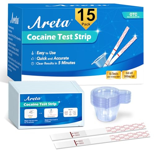Areta Cocaine Test Strip: Cocaine Drug Test Single Panel Urine Screen Kits, 15 Pack Instant Accurate Home Cocaine Tests Coke Dipstick with Cups, 300 ng/mL Cutoff -ASCOC-114