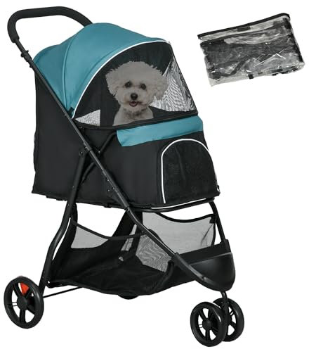 PawHut Hundewagen 2 in 1 Hundebuggy klappbar für Hunde & Katzen bis 10 kg Katzenbuggy mit Kissen Netzfenstern Türen Aufbewahrungskorb Katzenwagen Buggy Dunkelgrün