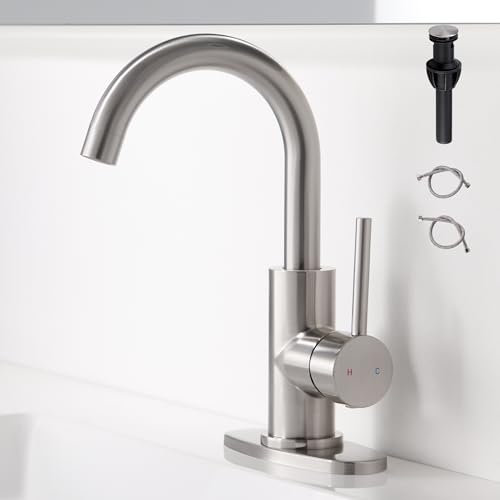 FROPO Badarmatur aus gebürstetem Nickel – Einloch-Wasserfall-Badezimmer-Waschbeckenarmatur mit Ablaufmontage, 360° schwenkbarer Auslauf, Waschtischarmatur, Einhebel-WC-Waschbeckenarmatur