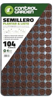 + control GARDEN Bandeja de Semilleros de Germinación Húmeda 104 Alveólos | Propagador de Semillas con Tierra Húmeda y Orificio para Semilla o Planta | Autorriego y Fórmula Optimizada Crecimiento