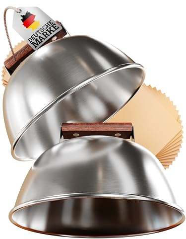 LIKAYA® Burgerglocken-Set [3-TLG.] für Smash Burger aus Edelstahl & Akazienholz-Griffen für Plancha, Grillplatte, Gasgrill & Feuerplatte | 2X Burgerglocke & 20x Burgerpapier