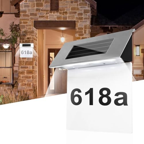 HIULLEN Hausnummer Beleuchtet Solar, 4 LEDs Hausnummernschild Edelstahl, LED Solarhausnummer mit Dämmerungsschalter, Hausnummernleuchte Wasserdicht Außen Dämmerungsschalter mit Nummern & Buchstaben