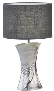 meineWunschleuchte Tischlampe mit Keramikfuß Silber & Stoffschirm Leinen Grau, 44cm groß
