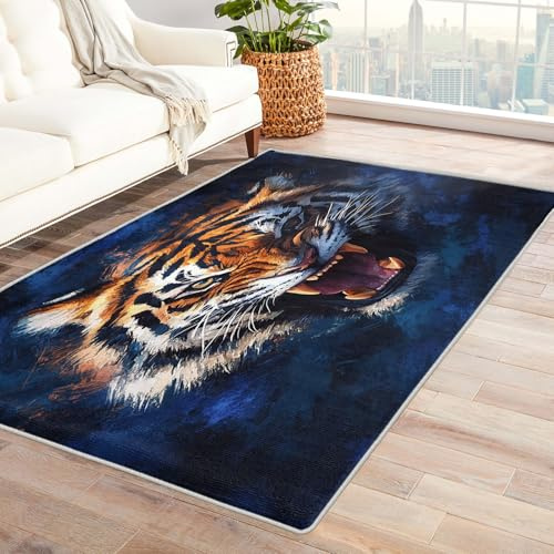 Tiger Teppich Wohnzimmer - Teppich Wohnzimmer Schlafzimmer Tigermotiv, Großer Teppich Wildtiere, Weich Kurzflor & Waschbar & rutschfest Wohnzimmerteppich, Kinderteppich, Bettvorleger 140x200 cm