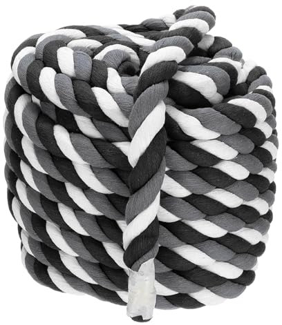 PATIKIL 1 Inch x 50 Feet Natural Twisted Cotton Rope 3 Strand Strong Thick Cotton Rope Tug of War Rope for Railings Crafts Games Home Decor, Black Gray White