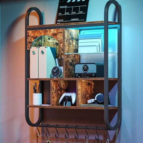 cointwo Floating Shelves with Lights, Led Shelves for Wall, Gaming Display Shelf, Lighted Bar Shelves, Arched Shelf for Collectibles, Sturdy Fast Assembly Great Weight Capacity (Rustic Brown)