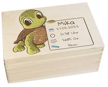 CHICCIE Erinnerungsbox personalisiert für Baby & Kind mit Druck farbig Schildkröte - Geburt Holzkiste für schöne Erinnerungen - Holz-Box Erinnerungskiste 30x20x14cm