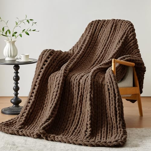 Negwoo Chunky Knit Throw Blanket, 30''*40'' Knitted Throw Chenille Yarn for Bed Couch, Handmade Dark Brown Crochet Big Thick Blanket, Machine Washable Cute Comfy Blanket for Home Decor