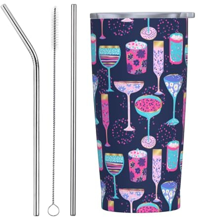VOSERY Vaso de agua de 20 onzas con tapa y popote, copas de vino y cócteles, vaso aislado de acero inoxidable, taza de café de viaje, vaso personalizado