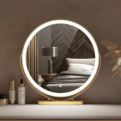 Specchio per il trucco a LED con tavolino da toilette autoportante con illuminazione - Grande specchio con rotazione a 360° e regolazione tattile 3 colori per camera da letto e soggiorno