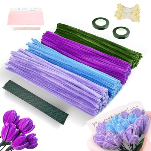 Pfeifenreiniger Blumen Set, 425 Stück Pfeifenputzer Zum Basteln 4 Farben Pipe Cleaner mit 25 Stück Grünem Bastelfaden, Staubgefäße, Geschenkband, Klebeband, DIY