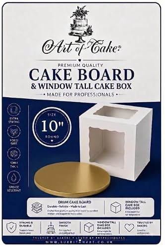 Art of cake ® Drum Cake Board (13mm) & 2 Sided Window Tall Cake Box (Gold, 10)