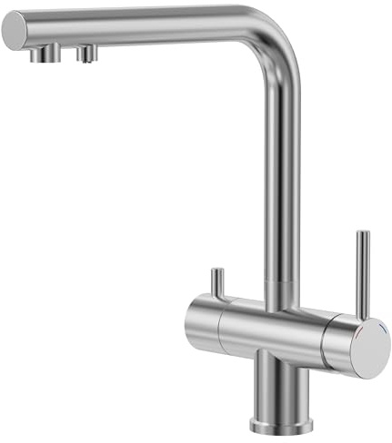 Wasserhahn Küche 3 Wege, 360° Drehbar Küchenarmatur, 3 in 1 Mischbatterie für Wasserfilter, Trinkwasserhahn mit 2 Hebel, Drei Wege Armatur Küche aus Edelstahl